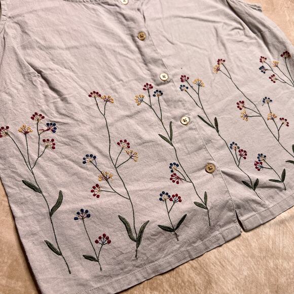 Vintage 90s White Stag Floral Embroidered Sleeveless Button Up Shirt Purple Boho - Picture 2 of 5